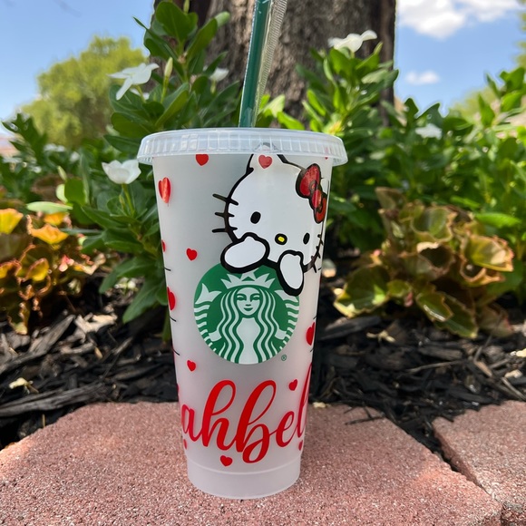 Starbucks Accessories - Hello kitty red hearts and personalized name Starbucks reusable venti cold cup